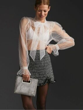 Anthropologie White Sheer Dot Tie-Neck Blouse